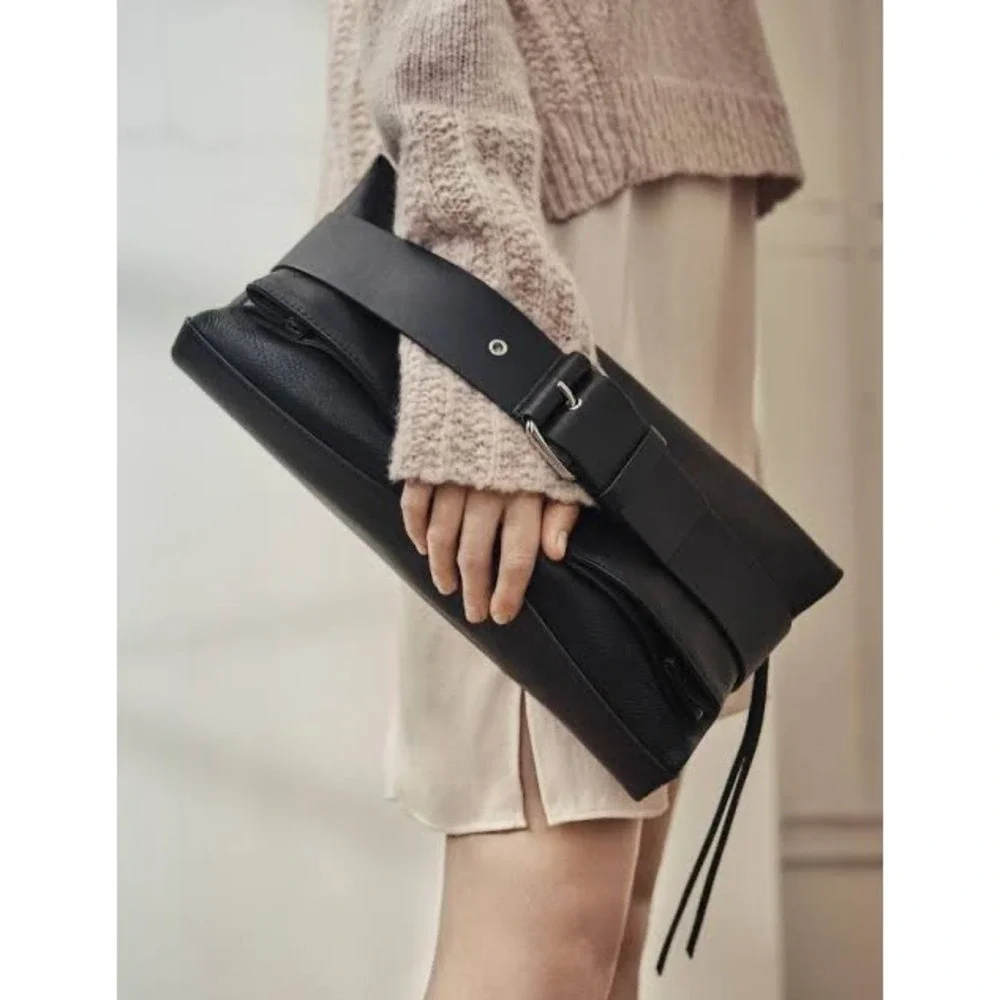 AllSaints Zoku Leather Clutch Bag Oxblood Burgundy Buckle Hand Strap WB066L